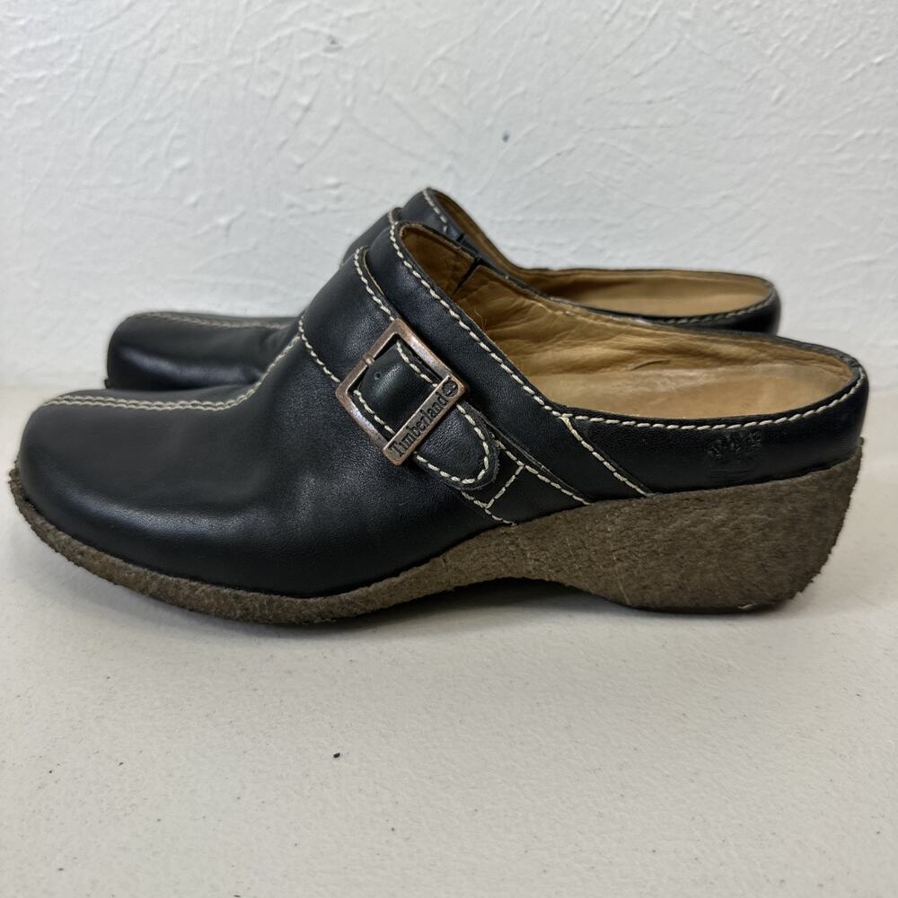 Timberland Womens 61378 Black Genuine Leather Round Toe Slip On Mule Shoes Sz 8M